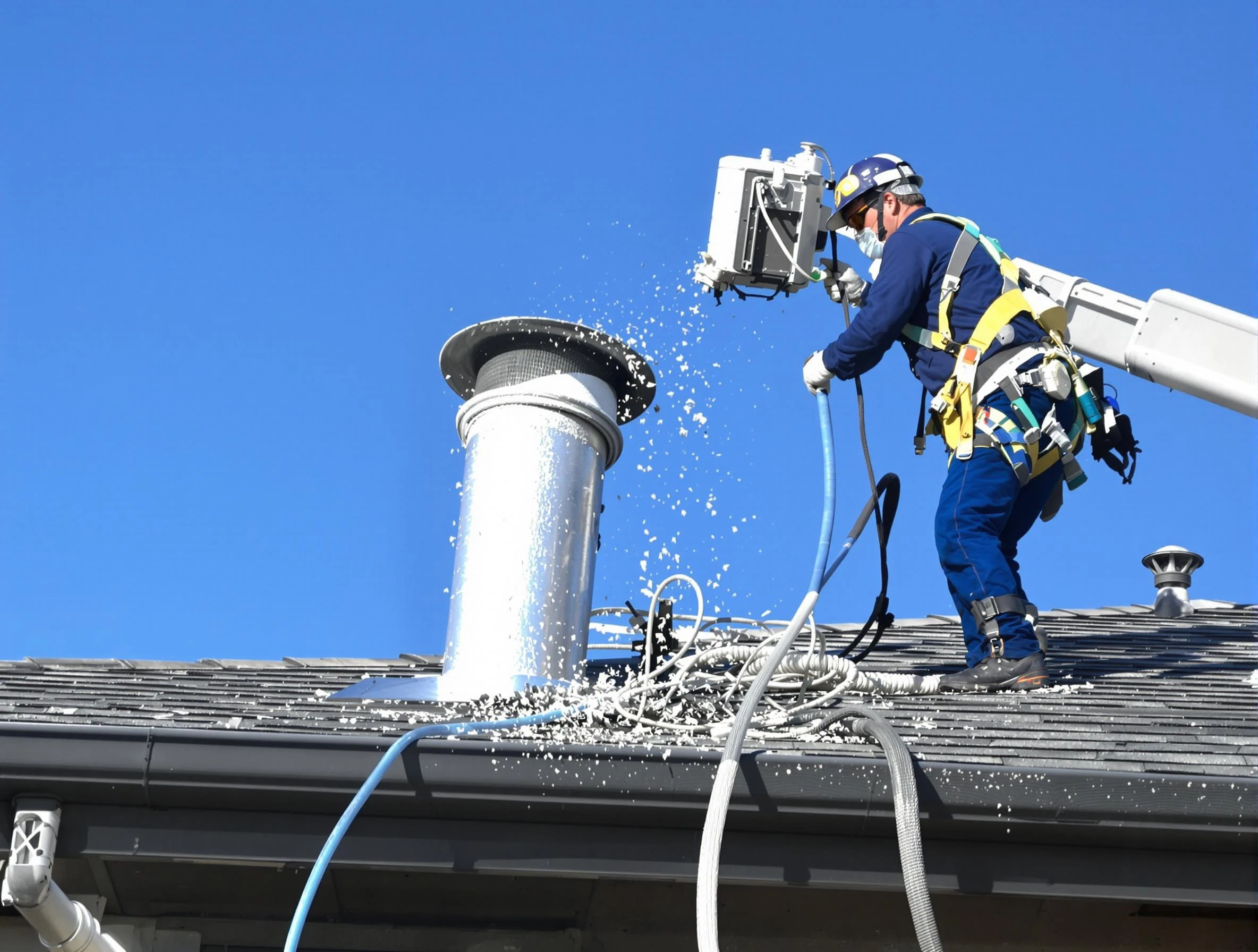 Alabaster Dryer Vent Cleaning certified technician safely cleaning a roof-mounted dryer vent in Alabaster