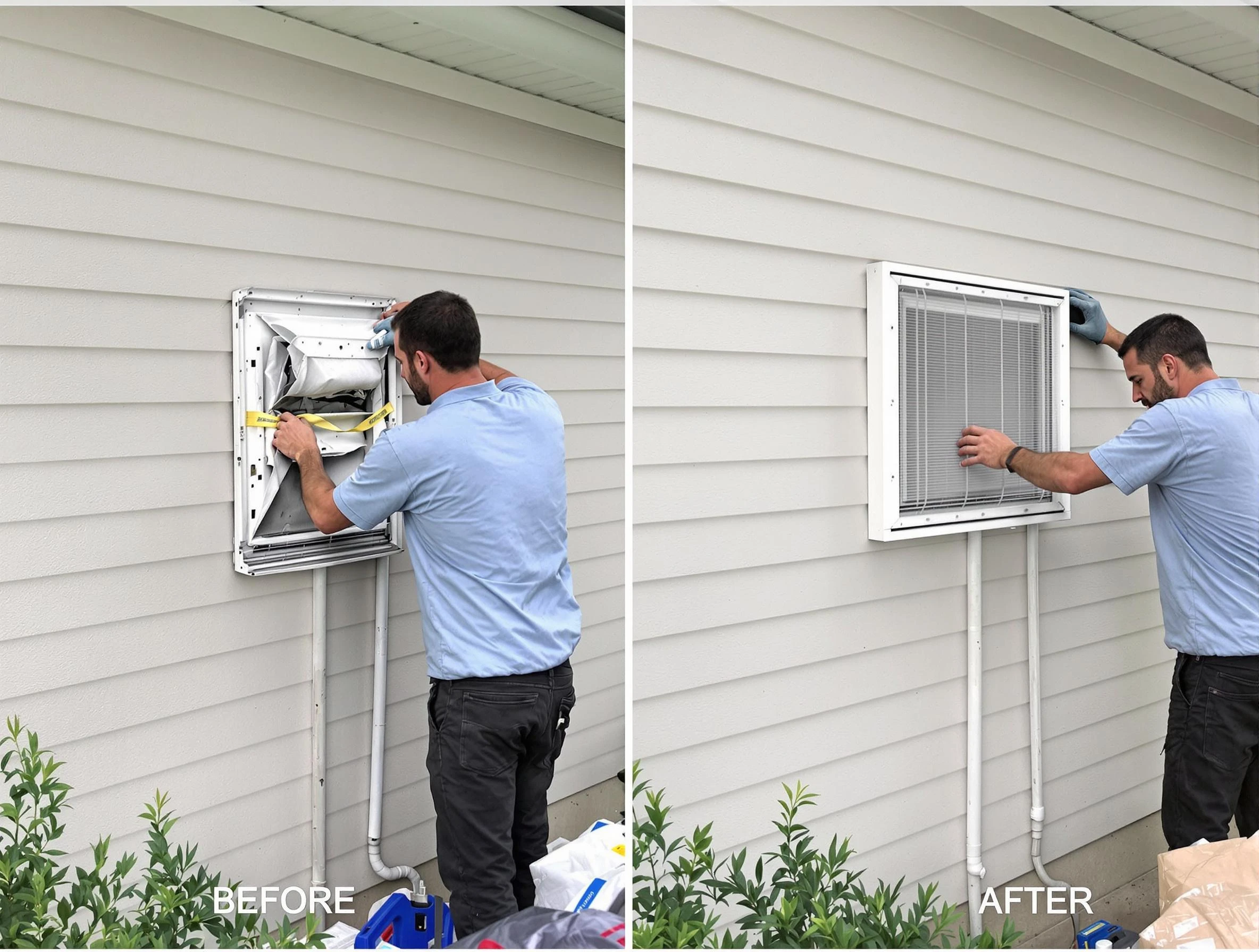Alabaster Dryer Vent Cleaning technician installing high-quality dryer vent cover at a residential property in Alabaster